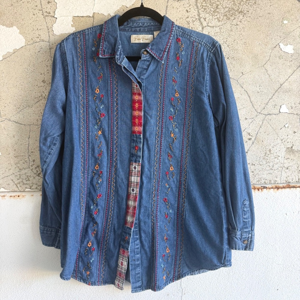 Vintage Denim Shirt Floral Embroidered Plaid Trim Button Down Bobbie Brooks M
